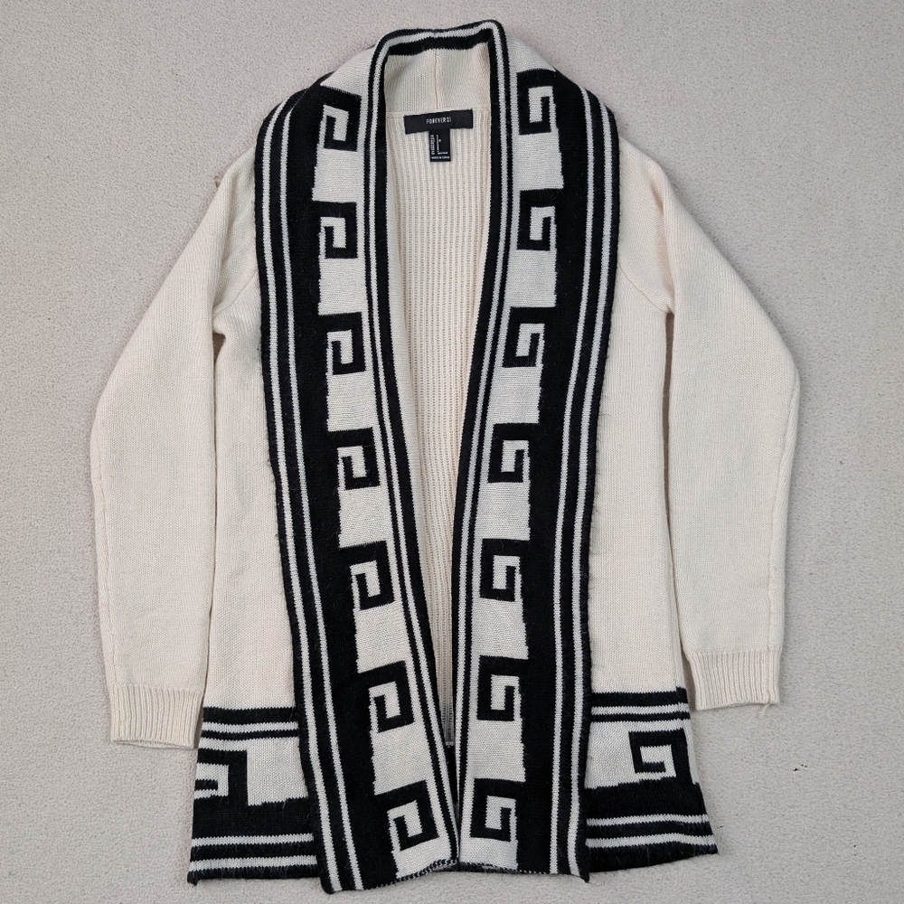 Forever 21 Greek Print Open Front Sweater Long Cardigan Cream/Black Women's Sz S